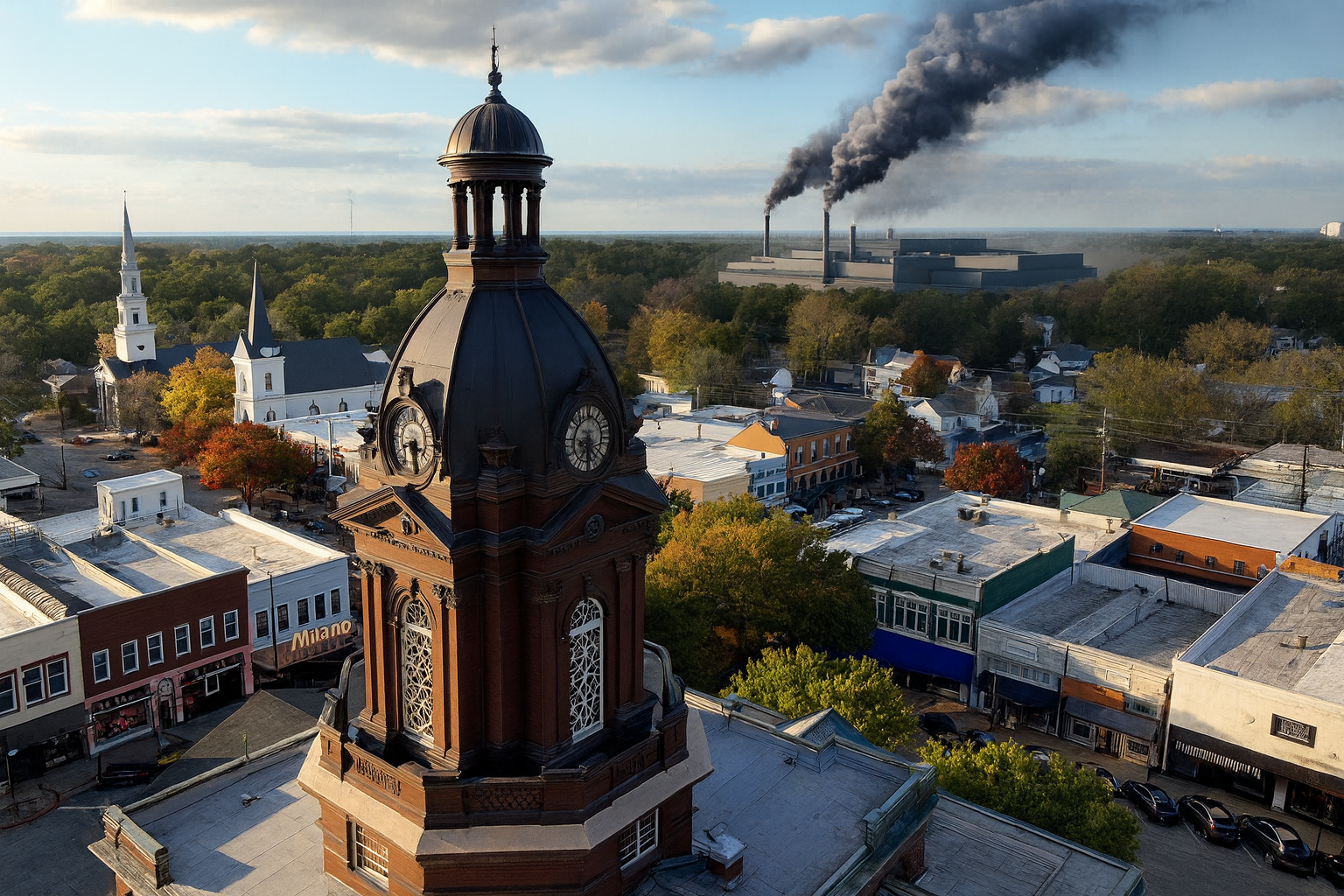 Downtown Newnan with courthouse tower and an ominous datacenter on the horizon. This image is AI-generated. The actual Project Sail website stole the original image from https://www.georgiatrend.com/2024/04/30/newnan-coweta-county-town-and-country/